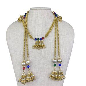 Gold Tone Womens Multicolor Beaded Necklace With Tassels Various Metal